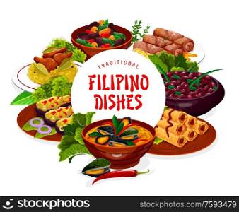 Filipino dishes vector frame. Asian cuisine food lump with meat, eggplant thalong, bicolar express, Filipino kidney beans, lumpia and mussels in coconut sauce, adobo with chicken isolated, round frame. Filipino asian cuisine dishes banner frame