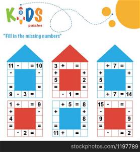 Fill in the missing numbers. Easy colorful math crossword puzzles for preschool, elementary and middle school kids.