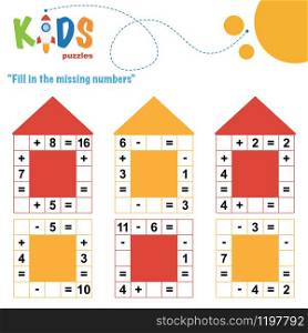 Fill in the missing numbers. Easy colorful math crossword puzzles for preschool, elementary and middle school kids.