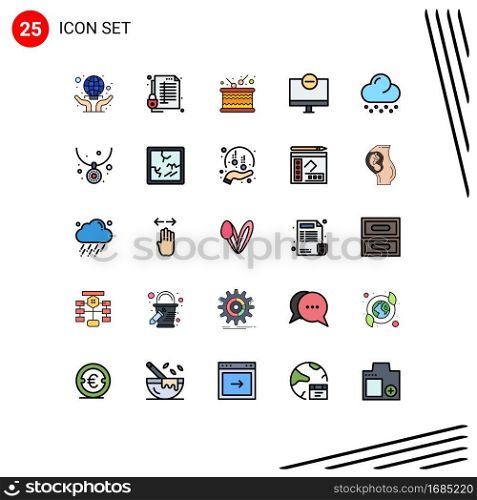 Filled line Flat Color Pack of 25 Universal Symbols of monitor, gadget, secure, devices, sound Editable Vector Design Elements