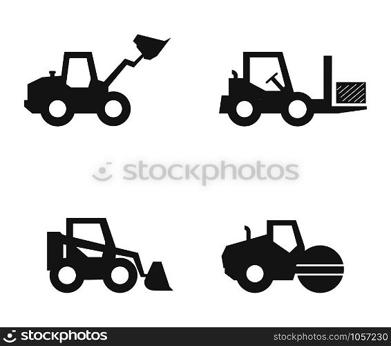 Filled silhouette of construction machinery. Icon set, flat design.