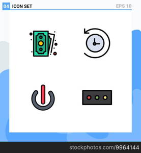 Filledline Flat Color Pack of 4 Universal Symbols of cash, on, shopping, time machine, password Editable Vector Design Elements