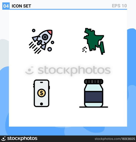 Filledline Flat Color Pack of 4 Universal Symbols of launch, market, startup, bangladesh country, online Editable Vector Design Elements