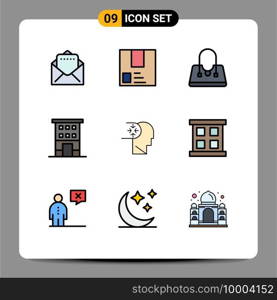 Filledline Flat Color Pack of 9 Universal Symbols of autism, shops, bag, shop front, buildings Editable Vector Design Elements