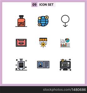 Filledline Flat Color Pack of 9 Universal Symbols of goal, shop, male, deck, cassette Editable Vector Design Elements
