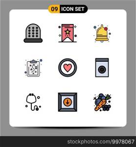 Filledline Flat Color Pack of 9 Universal Symbols of washer, appliances, clipboard, sign, love Editable Vector Design Elements