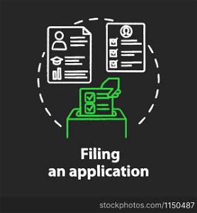Filling an application chalk concept icon. Submission of documents. Recruitment service. Candidate for vacant position idea. Vector isolated chalkboard illustration