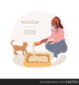 Filling litter box isolated cartoon vector illustration. People taking care of a pet, daily routine, woman pouring a filler into the toilet tray, filling a cat litter box vector cartoon.. Filling litter box isolated cartoon vector illustration.