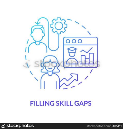 Filling skill gaps blue gradient concept icon. Microtraining best practice abstract idea thin line illustration. Online training and reskilling. Isolated outline drawing. Myriad Pro-Bold font used. Filling skill gaps blue gradient concept icon