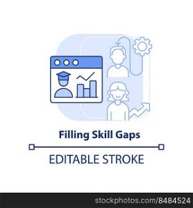 Filling skill gaps light blue concept icon. Microtraining practice abstract idea thin line illustration. Online training. Isolated outline drawing. Editable stroke. Arial, Myriad Pro-Bold fonts used. Filling skill gaps light blue concept icon