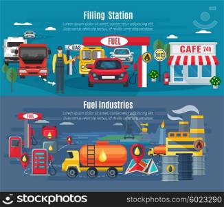 Filling Station Banners Set . Filling station horizontal banners set with cars trucks and cafe flat isolated vector illustration