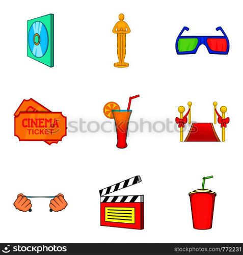 Film academy icons set. Cartoon set of 9 film academy vector icons for web isolated on white background. Film academy icons set, cartoon style