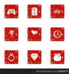 Film adaptation icons set. Grunge set of 9 film adaptation vector icons for web isolated on white background. Film adaptation icons set, grunge style