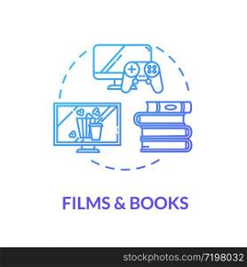 Film and books blue concept icon. TV and literature. Leisure for self-isolation. Television, games. Quarantine entertainment idea thin line illustration. Vector isolated outline RGB color drawing