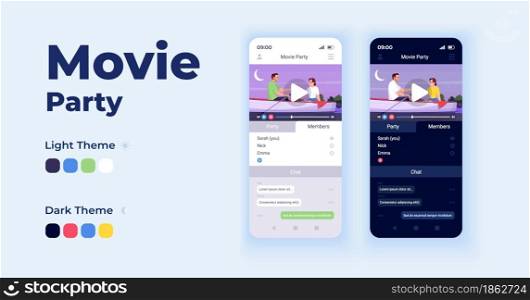 Film app cartoon smartphone interface vector templates set. Mobile app screen page day and dark mode design. Watching movies together UI for application. Phone display with flat character. Film app cartoon smartphone interface vector templates set