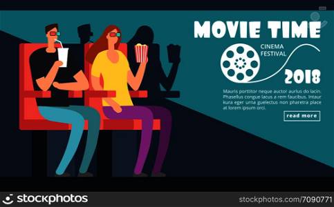 Film cinema festival poster. Movie time, couple date at theater vector background. Illustration of film movie cinema, entertainment cinematography event. Film cinema festival poster. Movie time, couple date at theater vector background