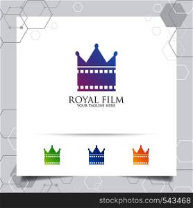 Film cinema logo vector with concept of film stip and crown icon design for recording studio, movie production, director and entertainment.