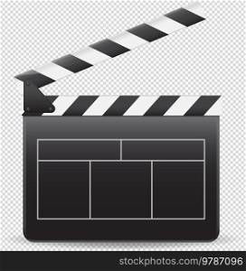 Film clapper board on white background. Blank movie clapper cinema vector illustration. Empty check board with stripes, black glossy cinema object, equipment for making video production, film industry. Film clapper board icon on white background. Blank movie clapper cinema vector illustration