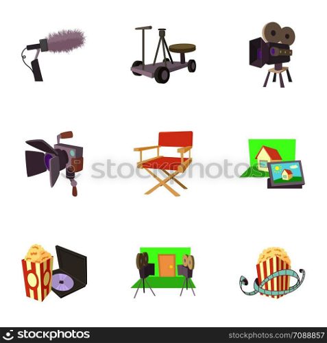 Film creation icons set. Cartoon set of 9 film creation vector icons for web isolated on white background. Film creation icons set, cartoon style