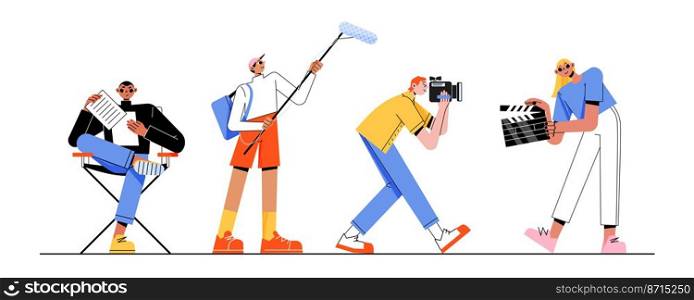 Film crew, movie production studio staff with camera, microphone and clapper. Vector flat illustration of people filmmakers, director, cameraman and assistants. Film crew, movie production studio staff