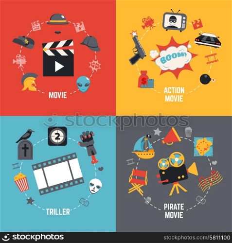 Film design concept set with action pirate movie triller flat icons isolated vector illustration. Film Design Concept