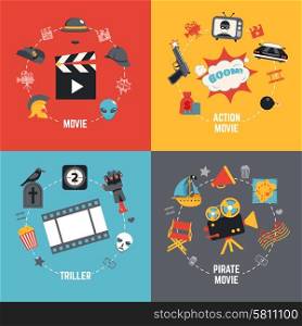 Film design concept set with action pirate movie triller flat icons isolated vector illustration. Film Design Concept
