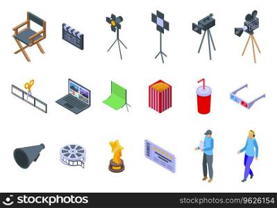 Film director icons set isometric vector. Making shooting. Work tv. Film director icons set isometric vector. Making shooting