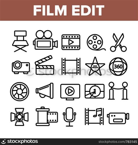 Film Edit, Filmmaking Linear Vector Icons Set. Movie Shooting, Editing Thin Line Symbols Pack. Videotaping Pictograms. Cinematography and Motion picture. Video Production Outline Contour Illustrations. Film Edit, Filmmaking Linear Vector Icons Set