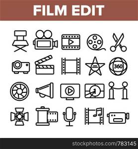 Film Edit, Filmmaking Linear Vector Icons Set. Movie Shooting, Editing Thin Line Symbols Pack. Videotaping Pictograms. Cinematography and Motion picture. Video Production Outline Contour Illustrations. Film Edit, Filmmaking Linear Vector Icons Set