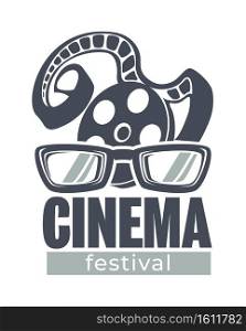 Film festival banner, filmmaking industry presentation of filmstrip. Movies fest, showing entertaining video in cinema. Cinematography recording, tape and glasses for watching, vector in flat style. Cinema festival, movie fest banner with filmstrip and glasses