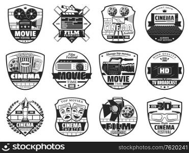 Film festival, cinema theater premiere night and movie production icons. Vector cinematography symbols of movie clapperboard, video camera and cinema 3D glasses, movie star award and popcorn. Movie festival, cinematography theater icons