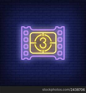 Film frame neon sign. Luminous signboard with countdown. Night bright advertisement. Vector illustration in neon style for cinema, footage production, creativity