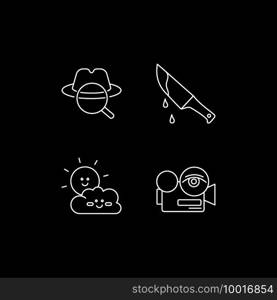 Film genres categories white linear icons set for dark theme. Detective movie. Children cartoon. Night mode customizable thin line symbols. Isolated vector outline illustrations. Editable stroke. Film genres categories white linear icons set for dark theme