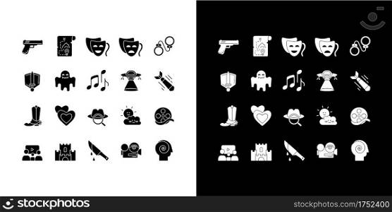 Film genres glyph icons set for night and day mode. Action comedy, drama movie. Cinema entertainment. Television category. Silhouette symbols for light, dark theme. Vector isolated illustration bundle. Film genres glyph icons set for night and day mode