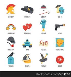 Film genres icon set with drama adventure detective pirate isolated vector illustration. Film Genres Icon Set