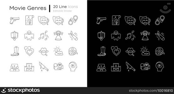 Film genres linear icons set for dark and light mode. Action comedy, drama movie. Cinema entertainment. Customizable thin line symbols. Isolated vector outline illustrations. Editable stroke. Film genres linear icons set for dark and light mode
