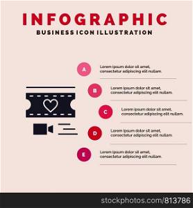 Film, Heart, Love, Wedding Solid Icon Infographics 5 Steps Presentation Background