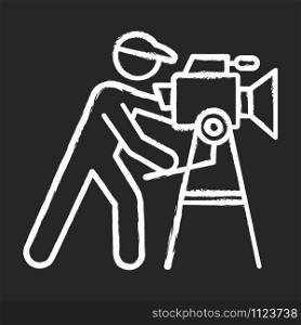 Film industry chalk icon. Cinema business. Cinematography. Making movie. Operator filming scene. Show business. Filmmaking. Moviemaking. Video production. Isolated vector chalkboard illustration