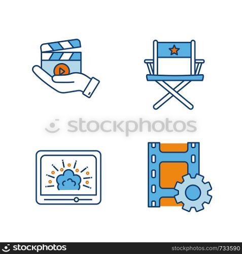Film industry color icons set. Movie release, director's chair, visual effects, video settings. Isolated vector illustrations. Film industry color icons set