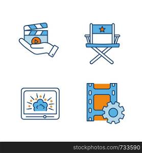 Film industry color icons set. Movie release, director's chair, visual effects, video settings. Isolated vector illustrations. Film industry color icons set