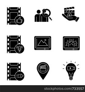 Film industry glyph icons set. Post production, audience, movie release, sound record, color correction, visual effects, animation, locations, idea. Silhouette symbols. Vector isolated illustration. Film industry glyph icons set