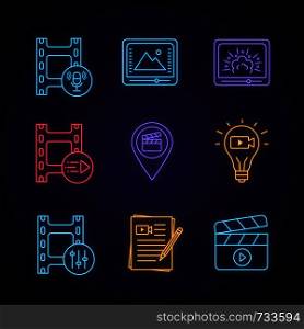 Film industry neon light icons set. Audio record, color correction, visual effects, motion graphics, locations, movie idea, sound mixer, screenplay, clapperboard. Glowing vector isolated illustrations. Film industry neon light icons set