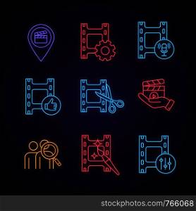 Film industry neon light icons set. Locations, video settings, audio record, final cut, movie release, video editing, sound mixer, audience research. Glowing signs. Vector isolated illustrations. Film industry neon light icons set