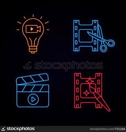 Film industry neon light icons set. Movie idea, video cutting and editing, filmmaking. Glowing signs. Vector isolated illustrations. Film industry neon light icons set