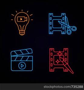 Film industry neon light icons set. Movie idea, video cutting and editing, filmmaking. Glowing signs. Vector isolated illustrations. Film industry neon light icons set