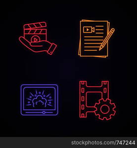 Film industry neon light icons set. Movie release, screenplay writing, visual effects, video settings. Glowing signs. Vector isolated illustrations. Film industry neon light icons set