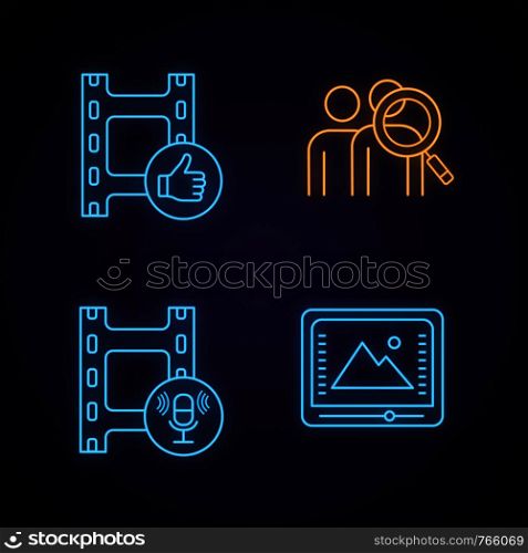 Film industry neon light icons set. Post production, audience research, audio recording, color correction. Glowing signs. Vector isolated illustrations. Film industry neon light icons set