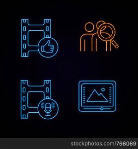 Film industry neon light icons set. Post production, audience research, audio recording, color correction. Glowing signs. Vector isolated illustrations. Film industry neon light icons set