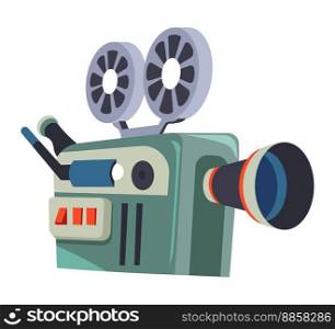 Film making and cinematography, isolated icon of cameras with reels and cassettes. Movies production industry, equipment with lens and buttons for recording and pausing. Vector in flat style. Movie camera with reels, cinematography making