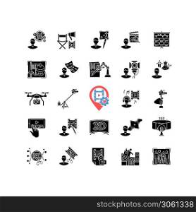 Film making process and staff black glyph icons set on white space. Art director. AI written screenplay. Hollywood actor. Theatrical props. Silhouette symbols. Vector isolated illustration. Film making process and staff black glyph icons set on white space